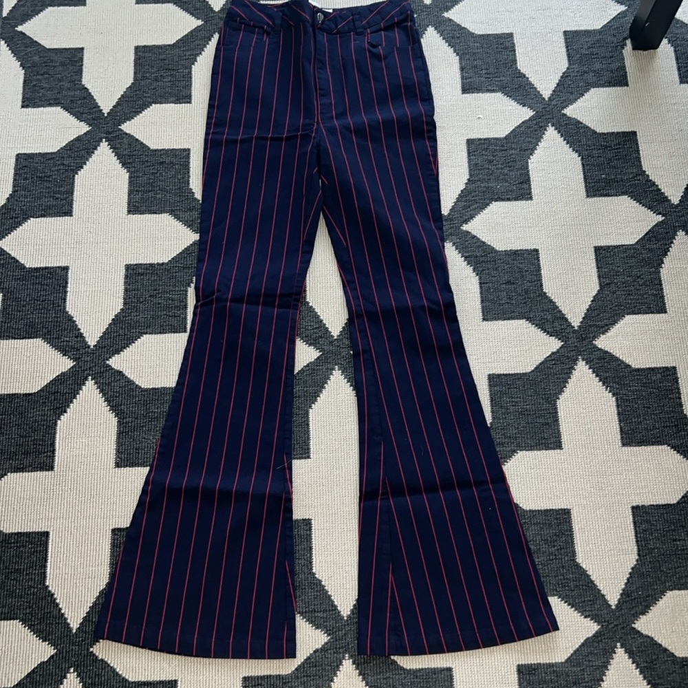 Urban Outfitters Georgia Navy Red Striped High Rise Flare Pants - Picture 4 of 5